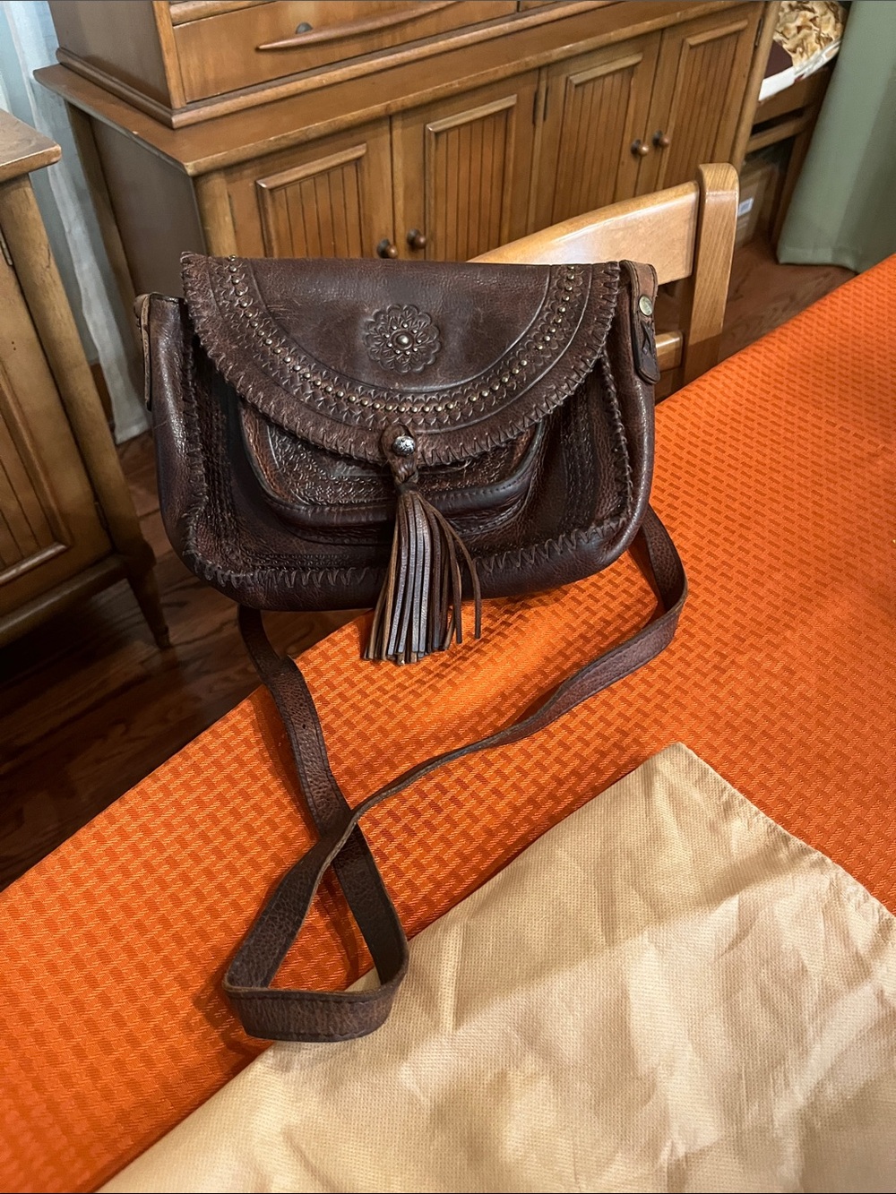 Patricia Nash Dark Brown Leather Crossbody with Tassel Accent